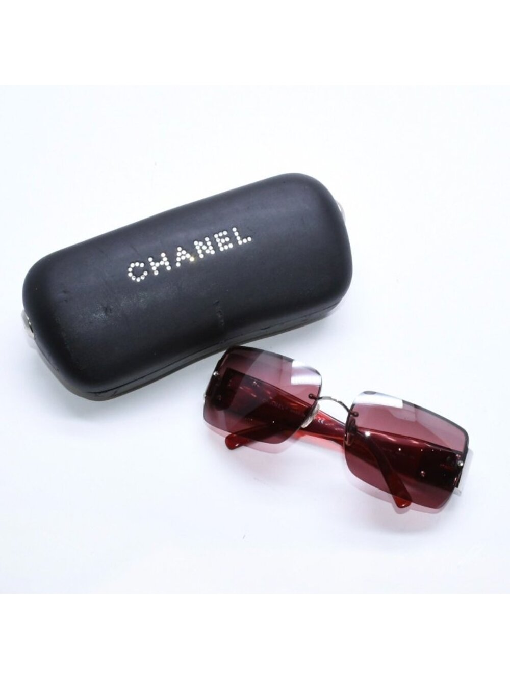 Chanel Rimless Sunglasses Side CC Logo Square Stone Metal Rhinestone Red Silver
